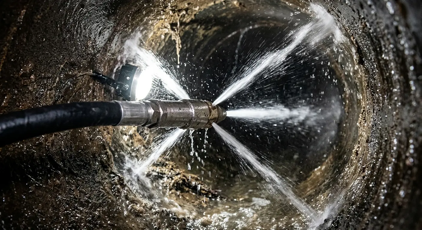 High-pressure hydro jetting nozzle cleaning sewer pipe for Emergency Drain Service in Bridgeport